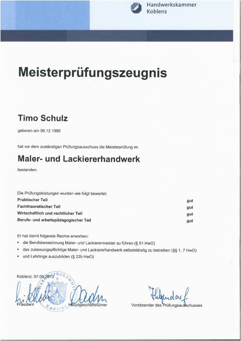 Meisterprüfungszeugnis von Timo Schulz